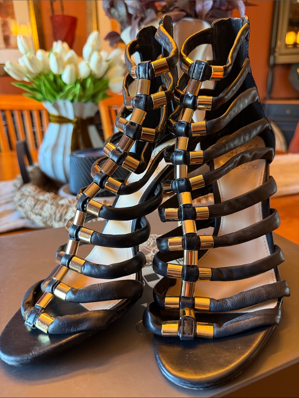Vince Camuto Black Strappy Heeled Gladiator Sandals with Gold Accents